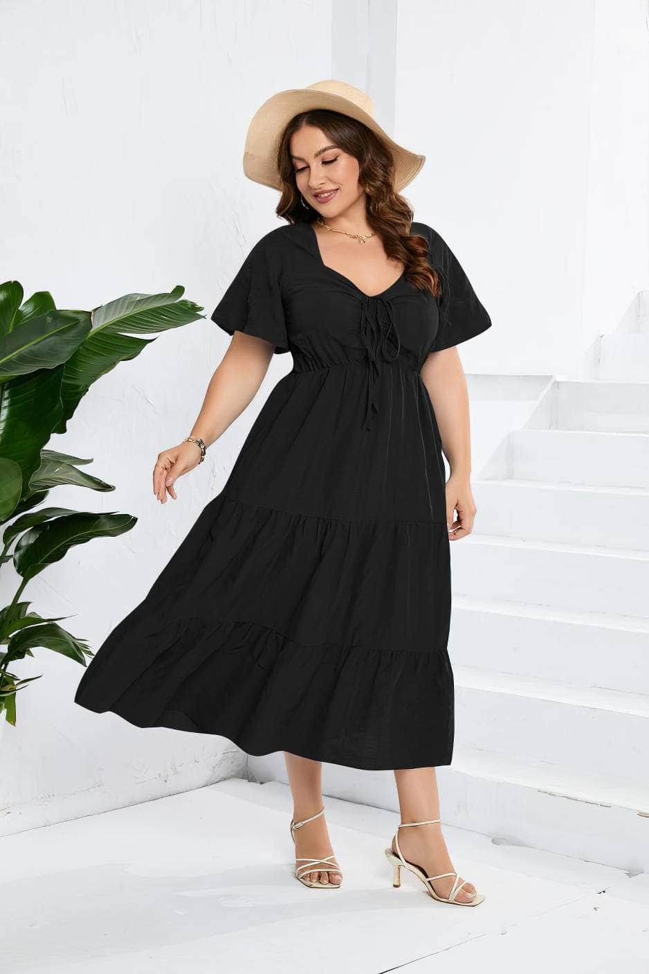 Plus Size Plain Ruched Drawstring Pocket Ruffle Tiered Dress