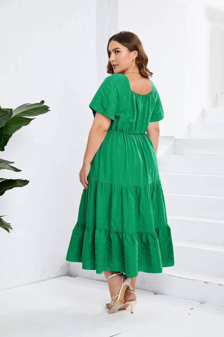 Plus Size Plain Ruched Drawstring Pocket Ruffle Tiered Dress