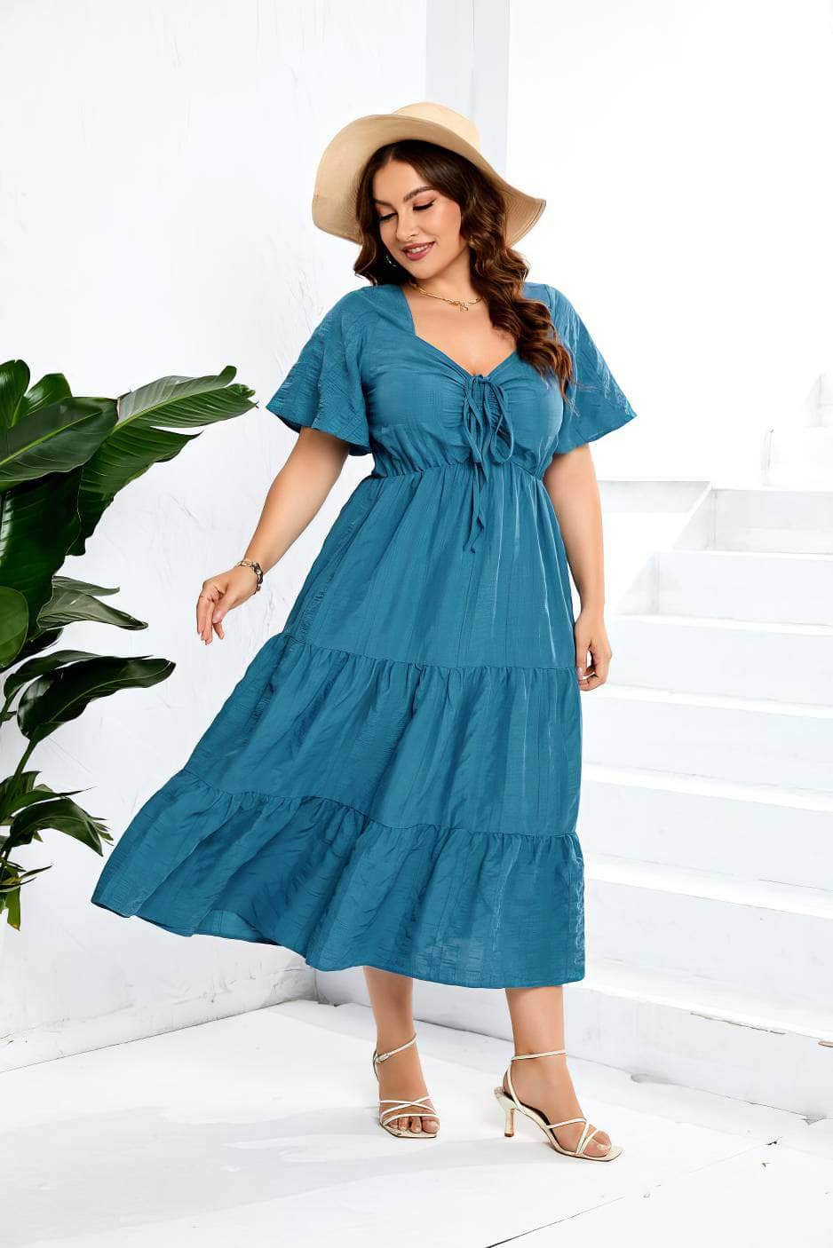 Plus Size Plain Ruched Drawstring Pocket Ruffle Tiered Dress