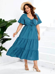 Plus Size Plain Ruched Drawstring Pocket Ruffle Tiered Dress