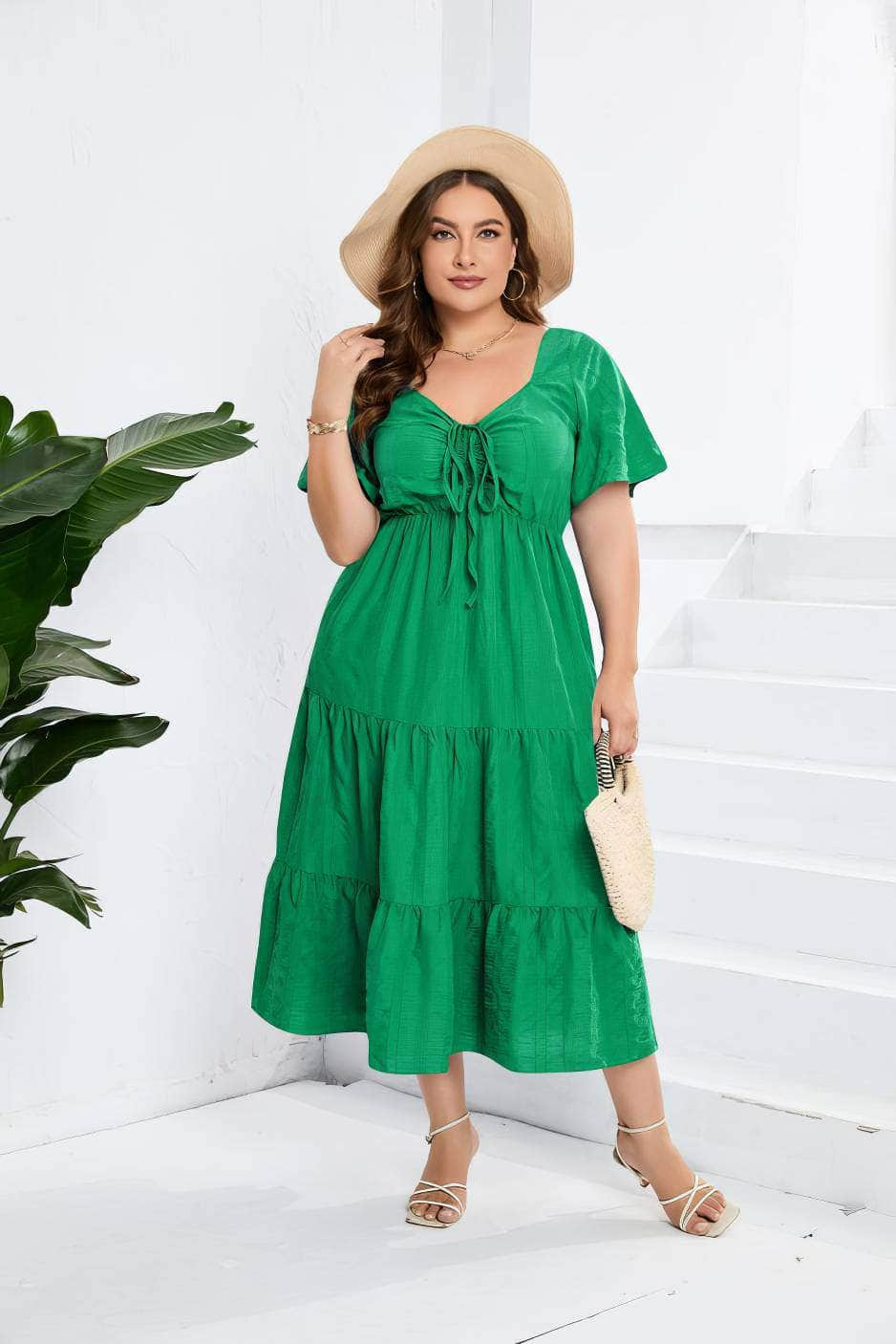 Plus Size Plain Ruched Drawstring Pocket Ruffle Tiered Dress