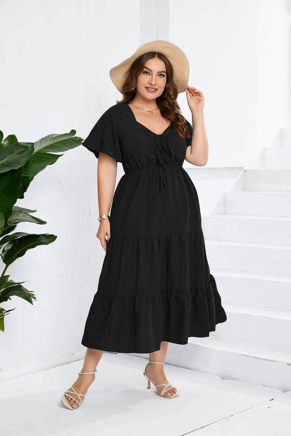 Plus Size Plain Ruched Drawstring Pocket Ruffle Tiered Dress