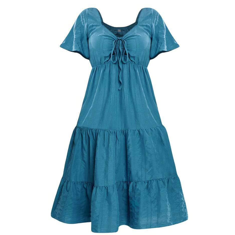 Plus Size Plain Ruched Drawstring Pocket Ruffle Tiered Dress