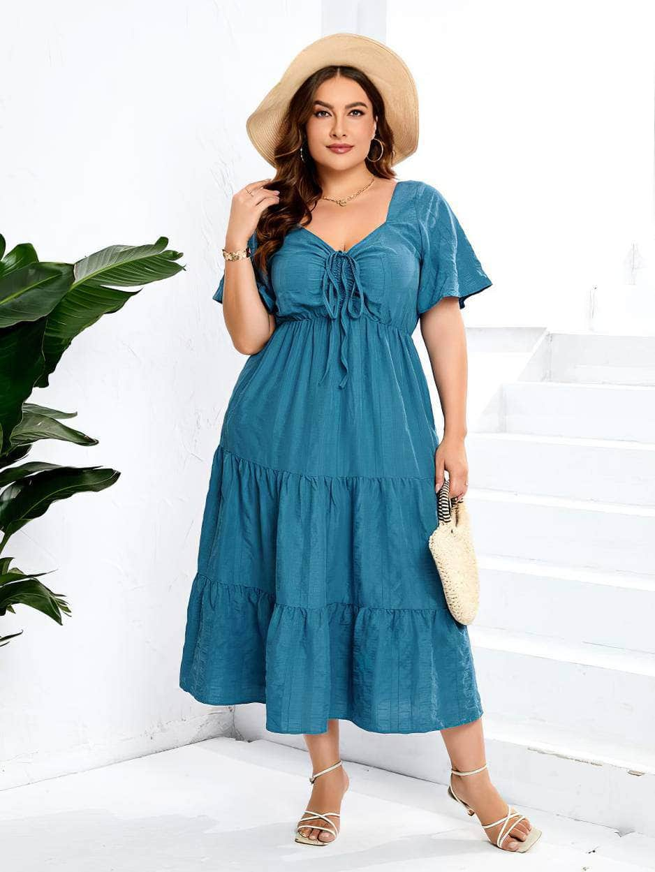 Plus Size Plain Ruched Drawstring Pocket Ruffle Tiered Dress US 16-18 / Blue