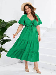 Plus Size Plain Ruched Drawstring Pocket Ruffle Tiered Dress US 16-18 / Green