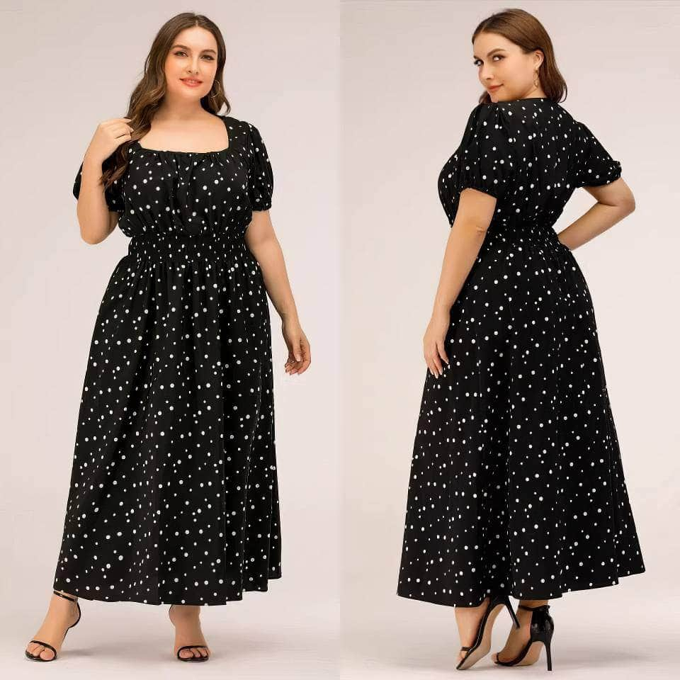 Plus Size Polka Dot Bardot Ruffled Maxi Dress