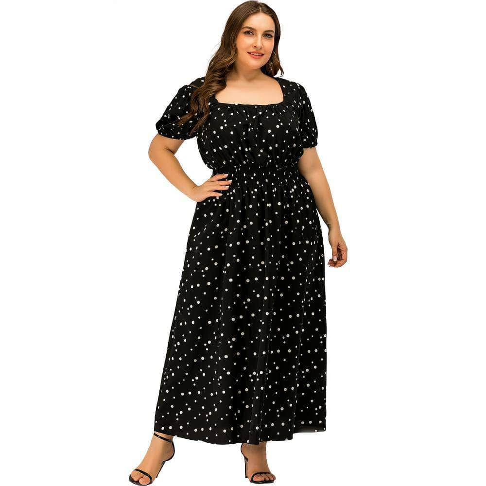 Plus Size Polka Dot Bardot Ruffled Maxi Dress