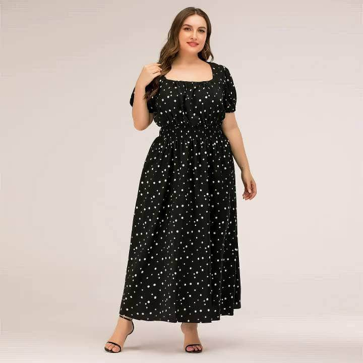 Plus Size Polka Dot Bardot Ruffled Maxi Dress