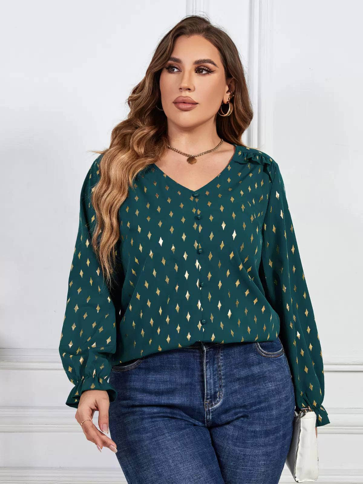 Plus Size Printed Frill Trim Flounce Sleeve Blouse