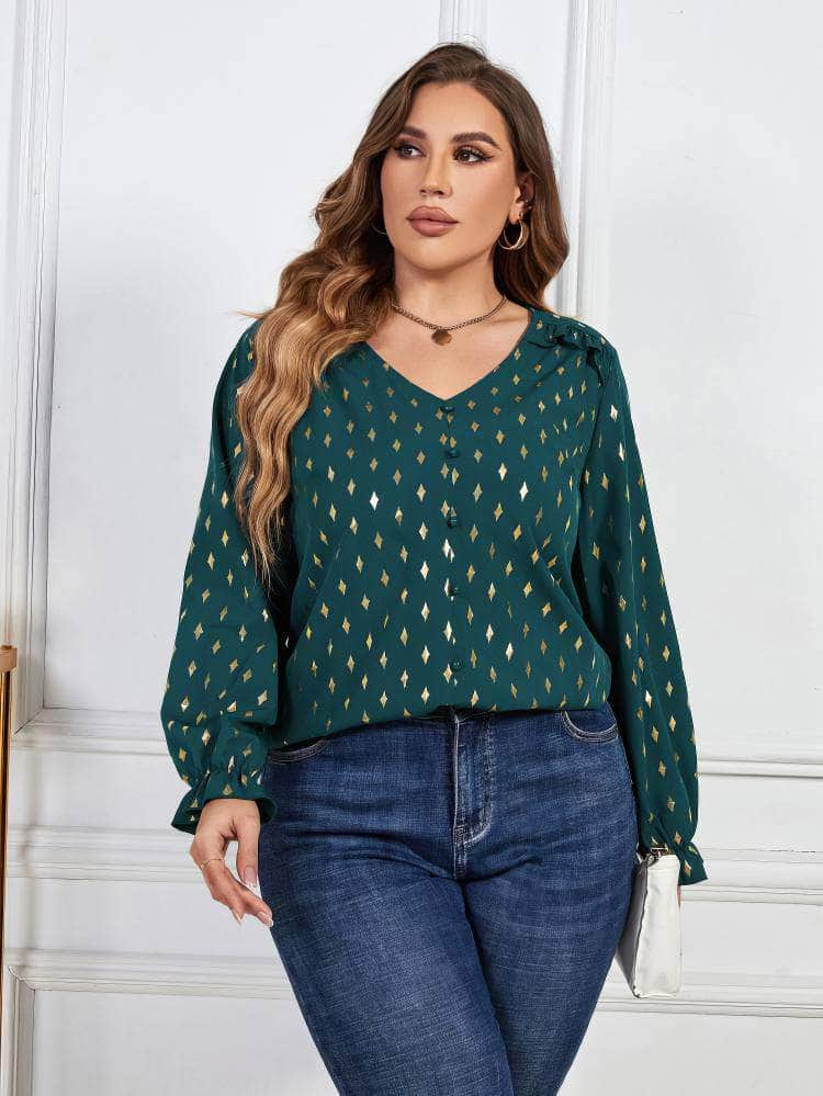 Plus Size Printed Frill Trim Flounce Sleeve Blouse