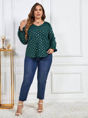 Plus Size Printed Frill Trim Flounce Sleeve Blouse