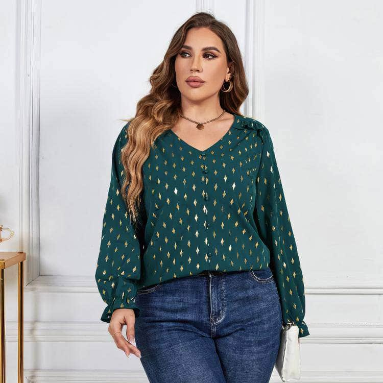 Plus Size Printed Frill Trim Flounce Sleeve Blouse US 16-18 / Green