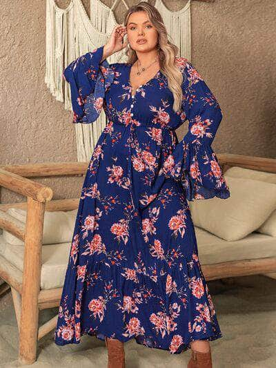 Plus Size Printed Half Button Flare Sleeve Dress Navy / 0XL