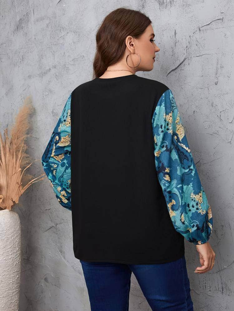 Plus Size Printed Lantern Sleeves Round Neck Top