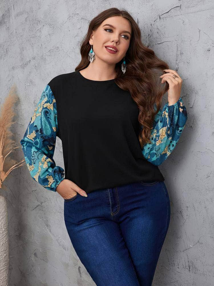 Plus Size Printed Lantern Sleeves Round Neck Top