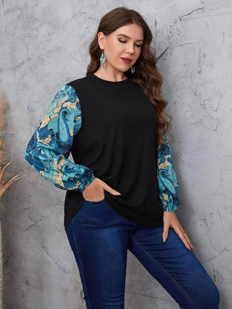 Plus Size Printed Lantern Sleeves Round Neck Top