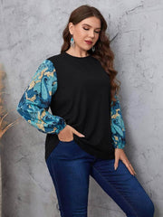 Plus Size Printed Lantern Sleeves Round Neck Top