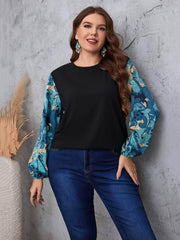 Plus Size Printed Lantern Sleeves Round Neck Top US 16-18 / Black