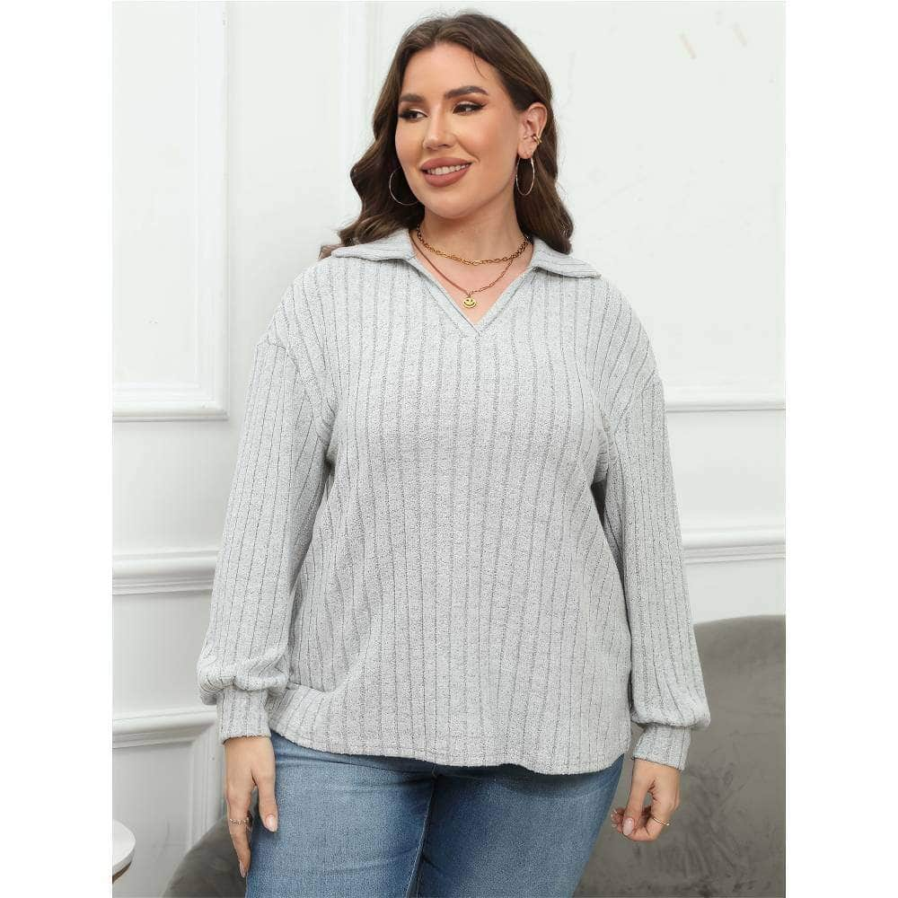 Plus Size Ribbed Knit Collared Long Sleeves Shirt