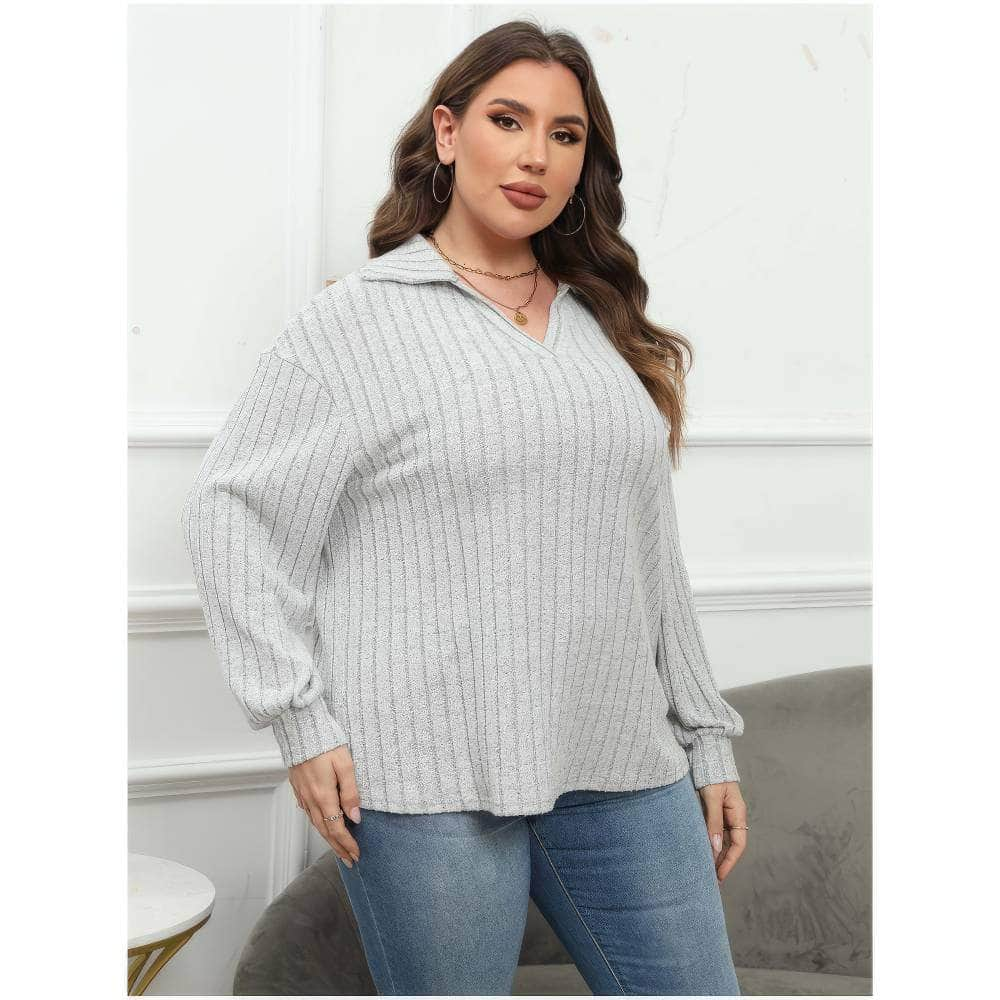 Plus Size Ribbed Knit Collared Long Sleeves Shirt