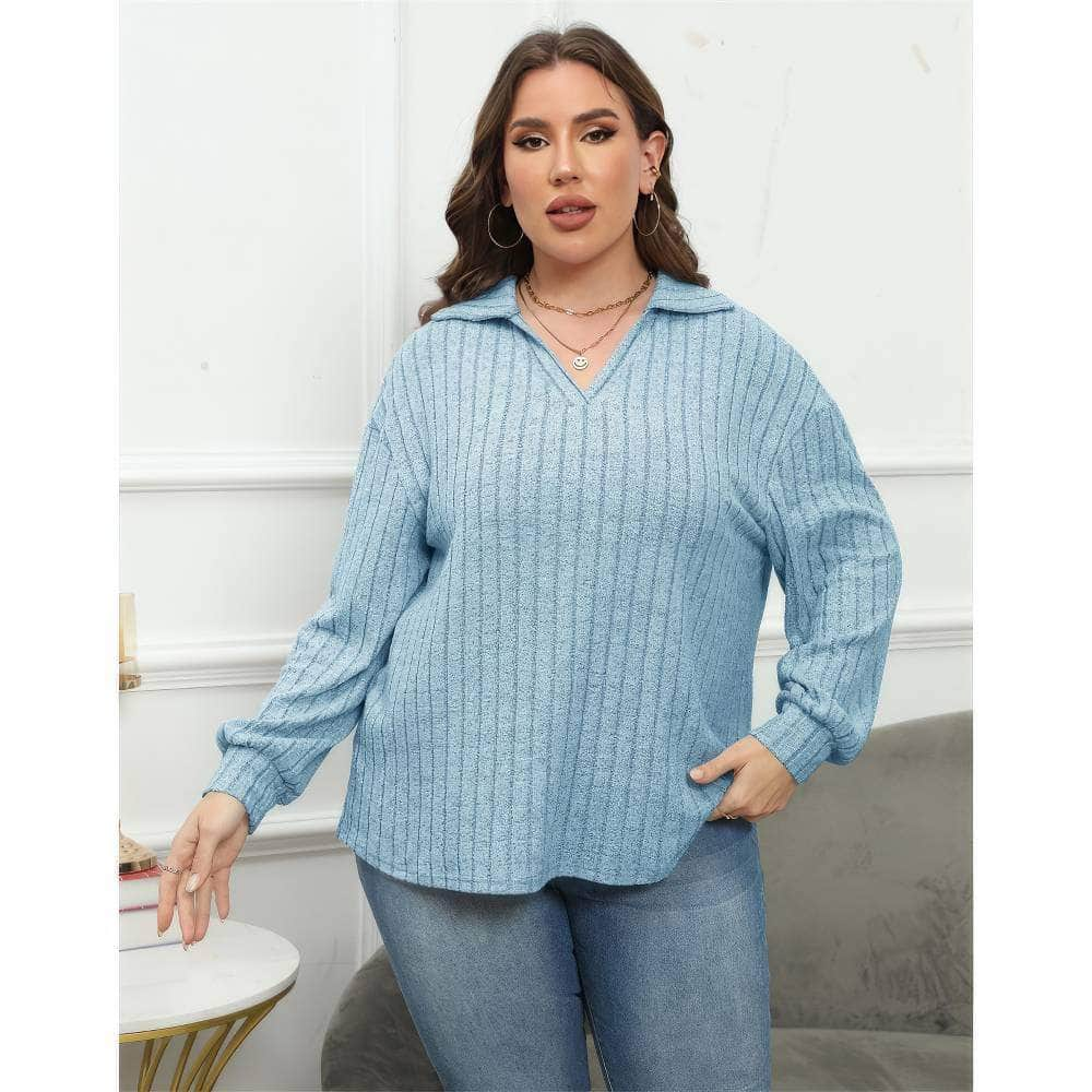 Plus Size Ribbed Knit Collared Long Sleeves Shirt