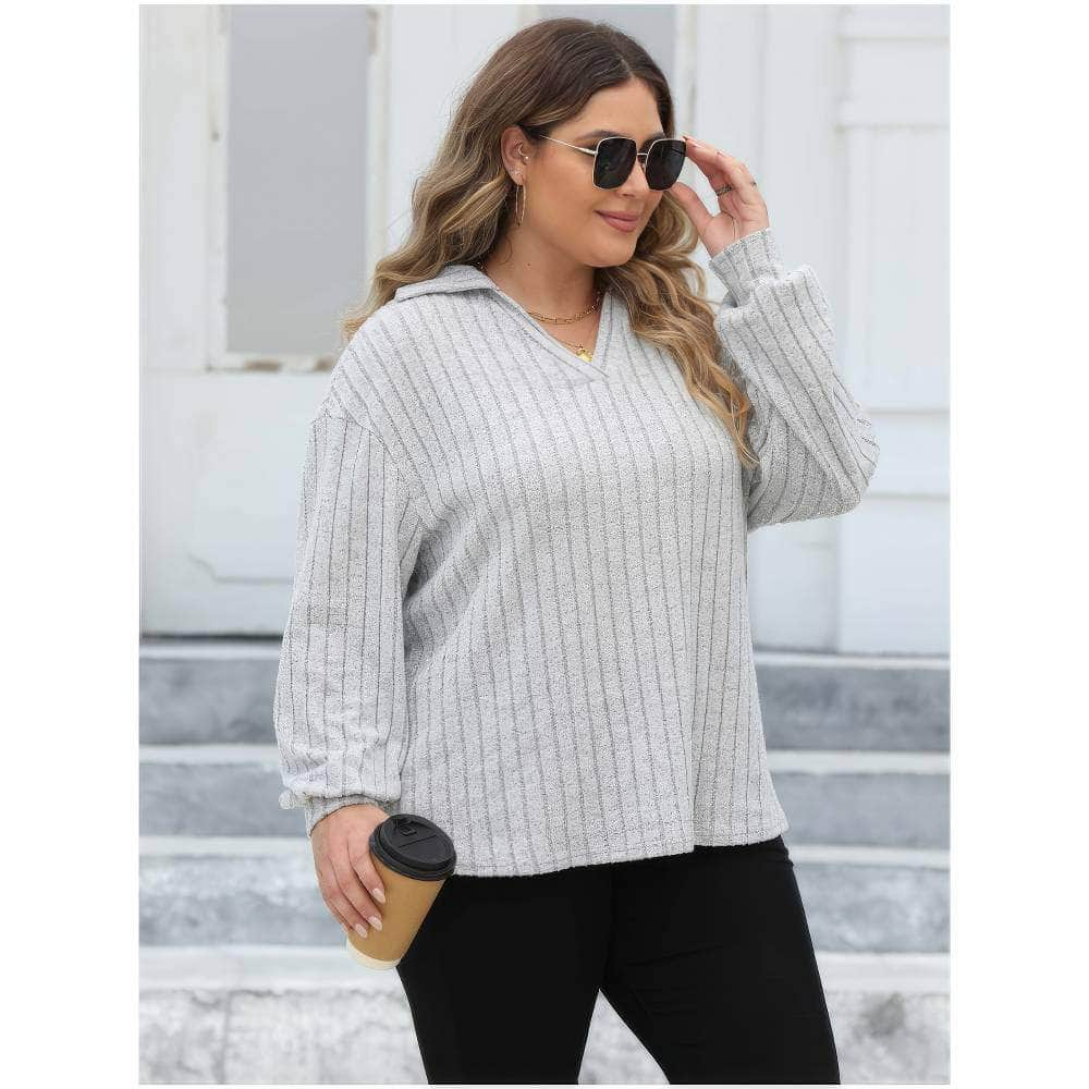 Plus Size Ribbed Knit Collared Long Sleeves Shirt