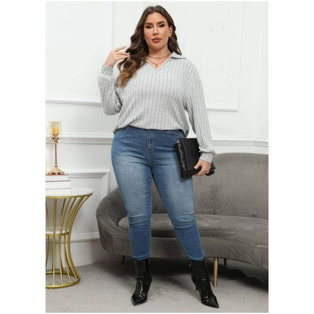 Plus Size Ribbed Knit Collared Long Sleeves Shirt