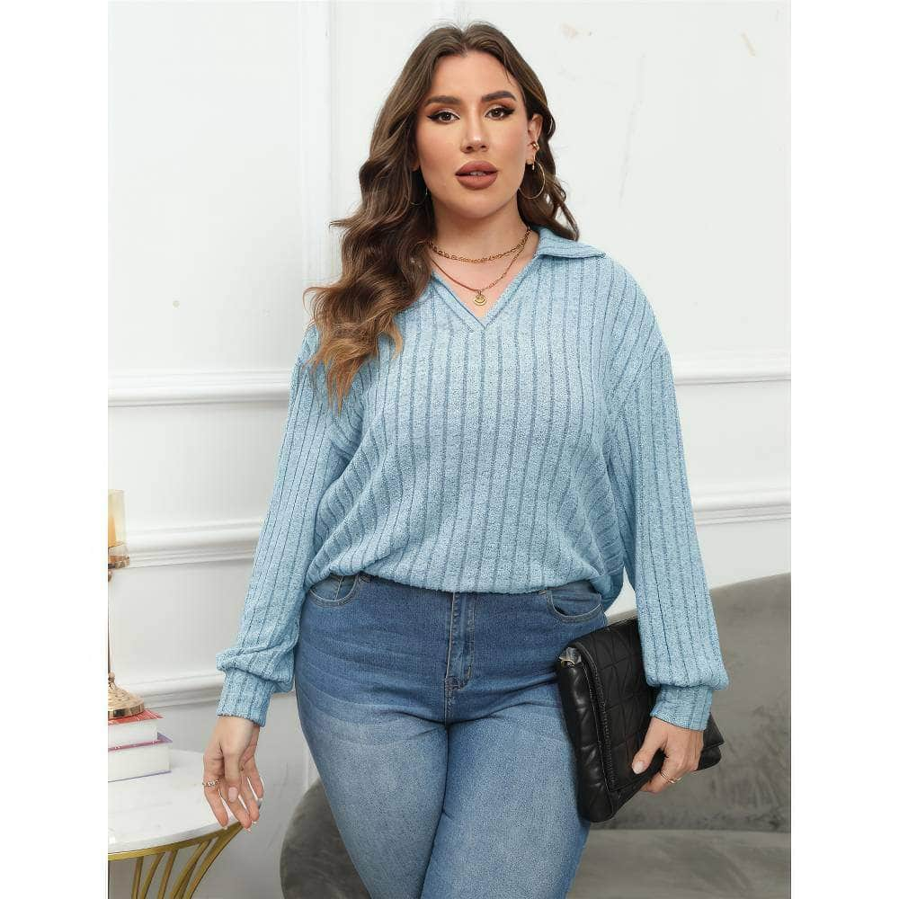 Plus Size Ribbed Knit Collared Long Sleeves Shirt