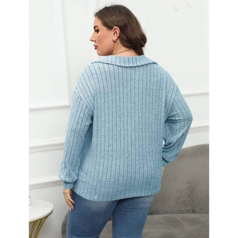 Plus Size Ribbed Knit Collared Long Sleeves Shirt