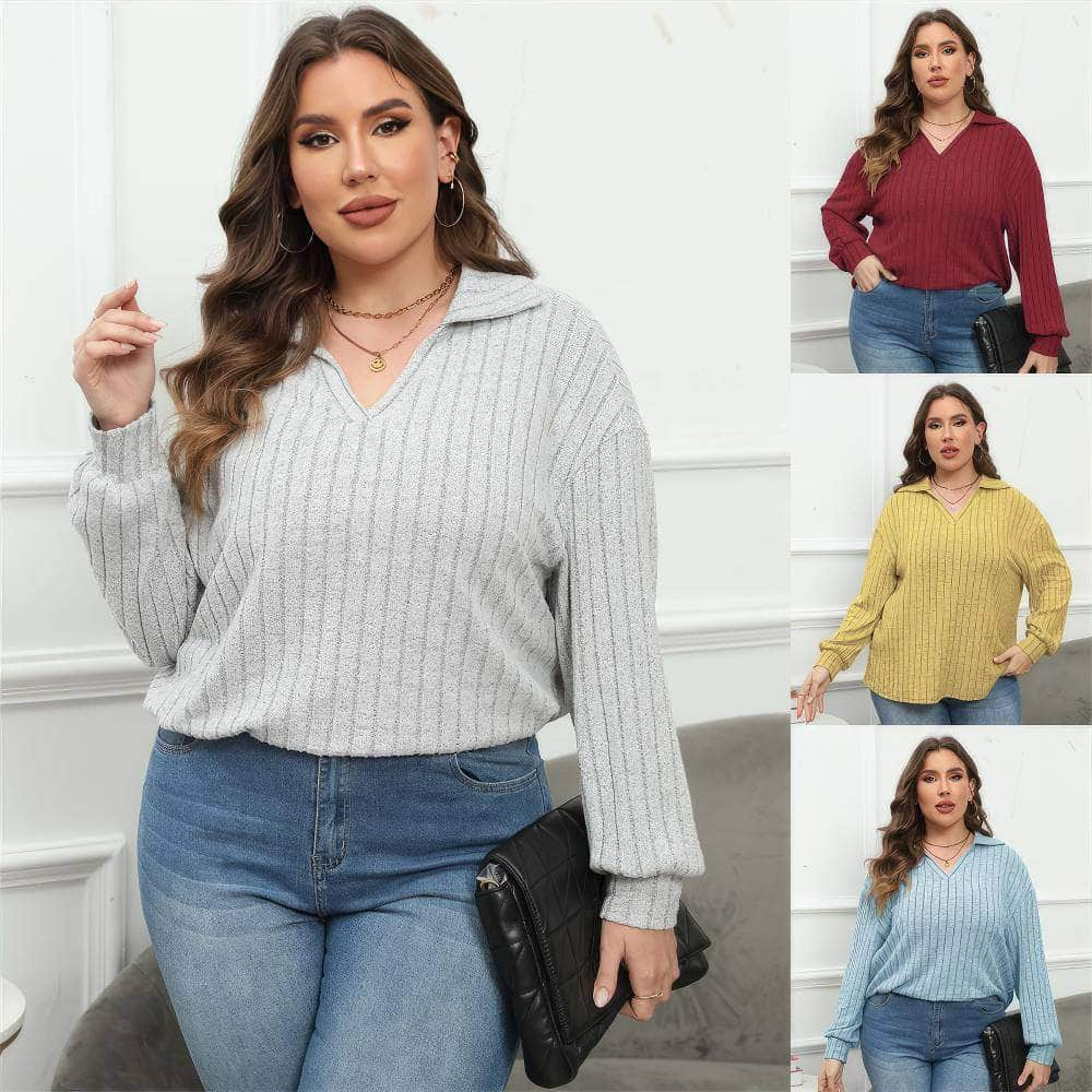 Plus Size Ribbed Knit Collared Long Sleeves Shirt