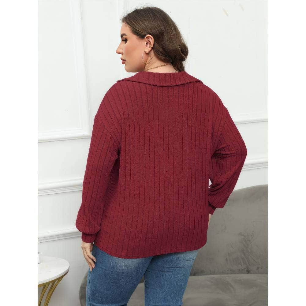 Plus Size Ribbed Knit Collared Long Sleeves Shirt