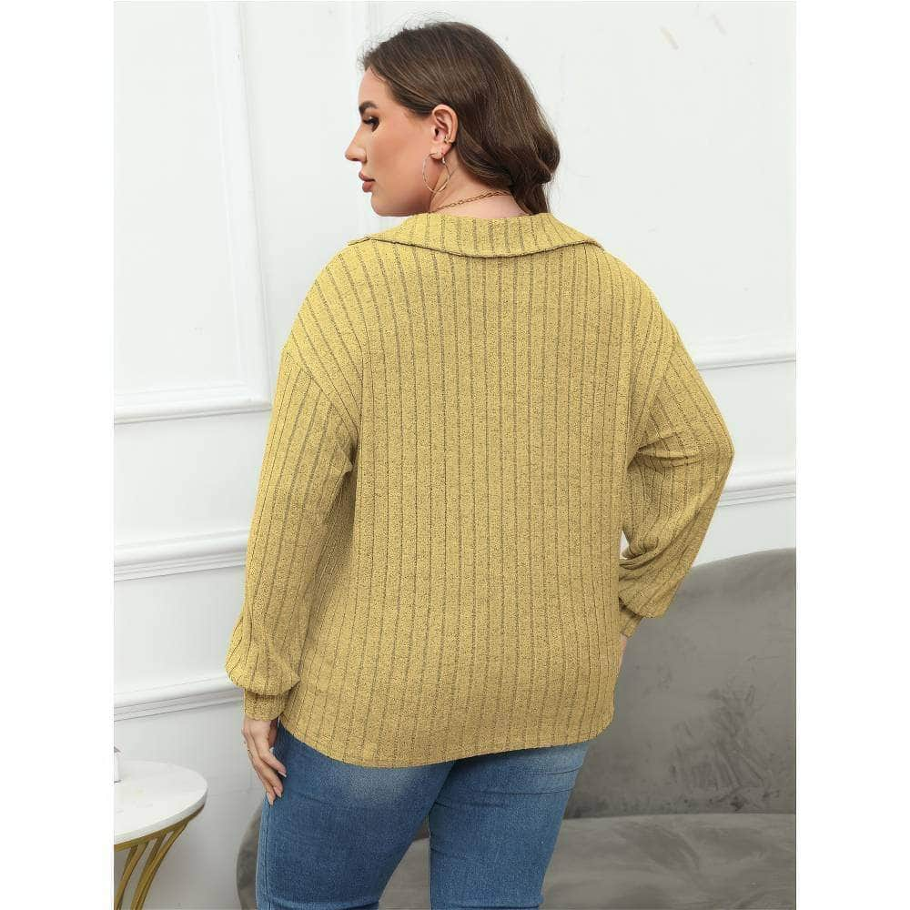 Plus Size Ribbed Knit Collared Long Sleeves Shirt