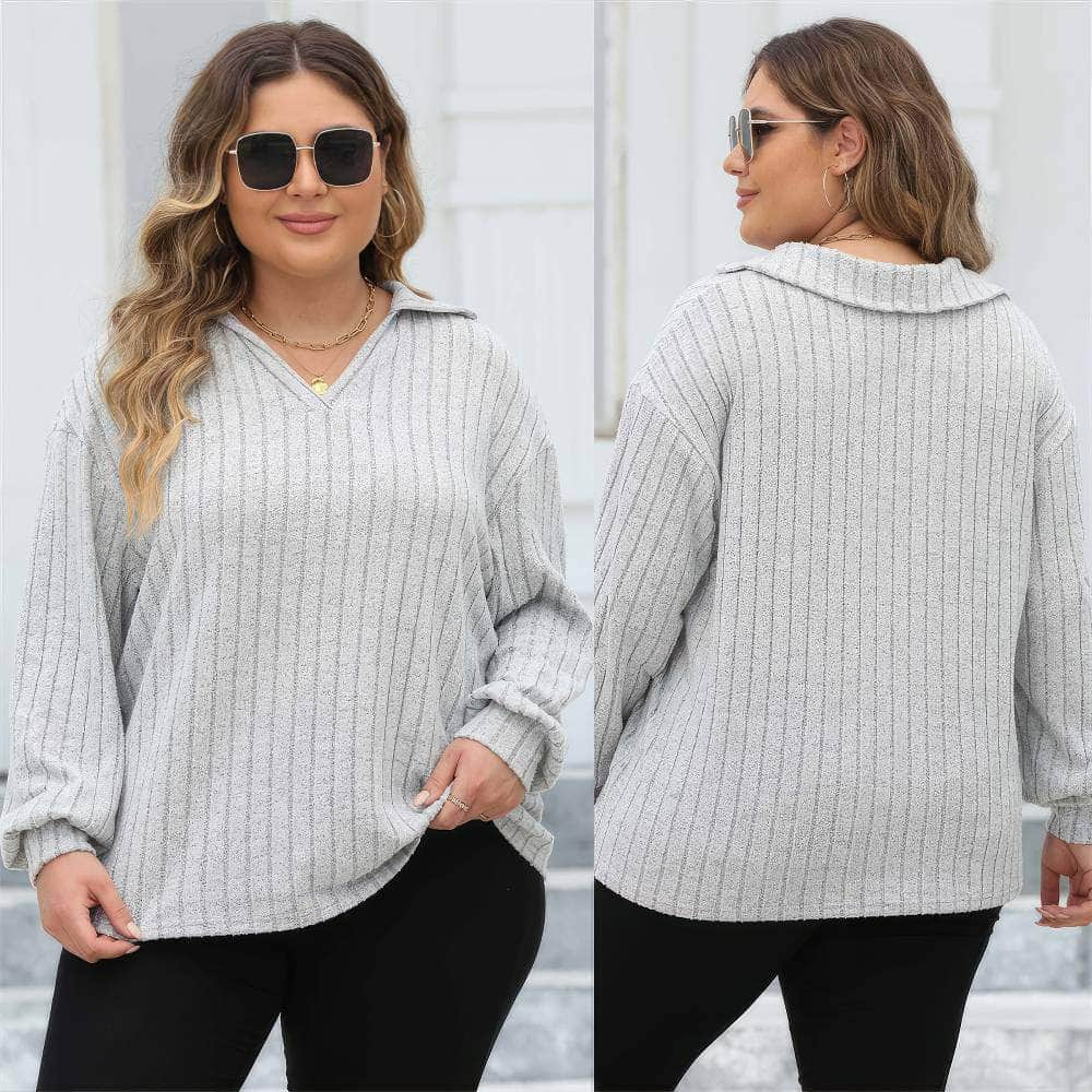 Plus Size Ribbed Knit Collared Long Sleeves Shirt