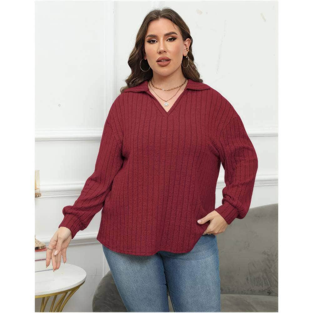 Plus Size Ribbed Knit Collared Long Sleeves Shirt