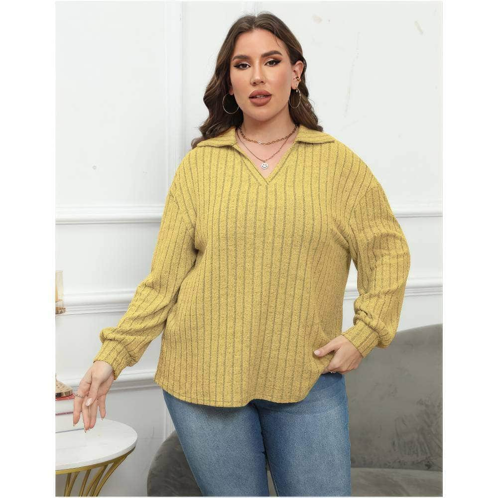 Plus Size Ribbed Knit Collared Long Sleeves Shirt