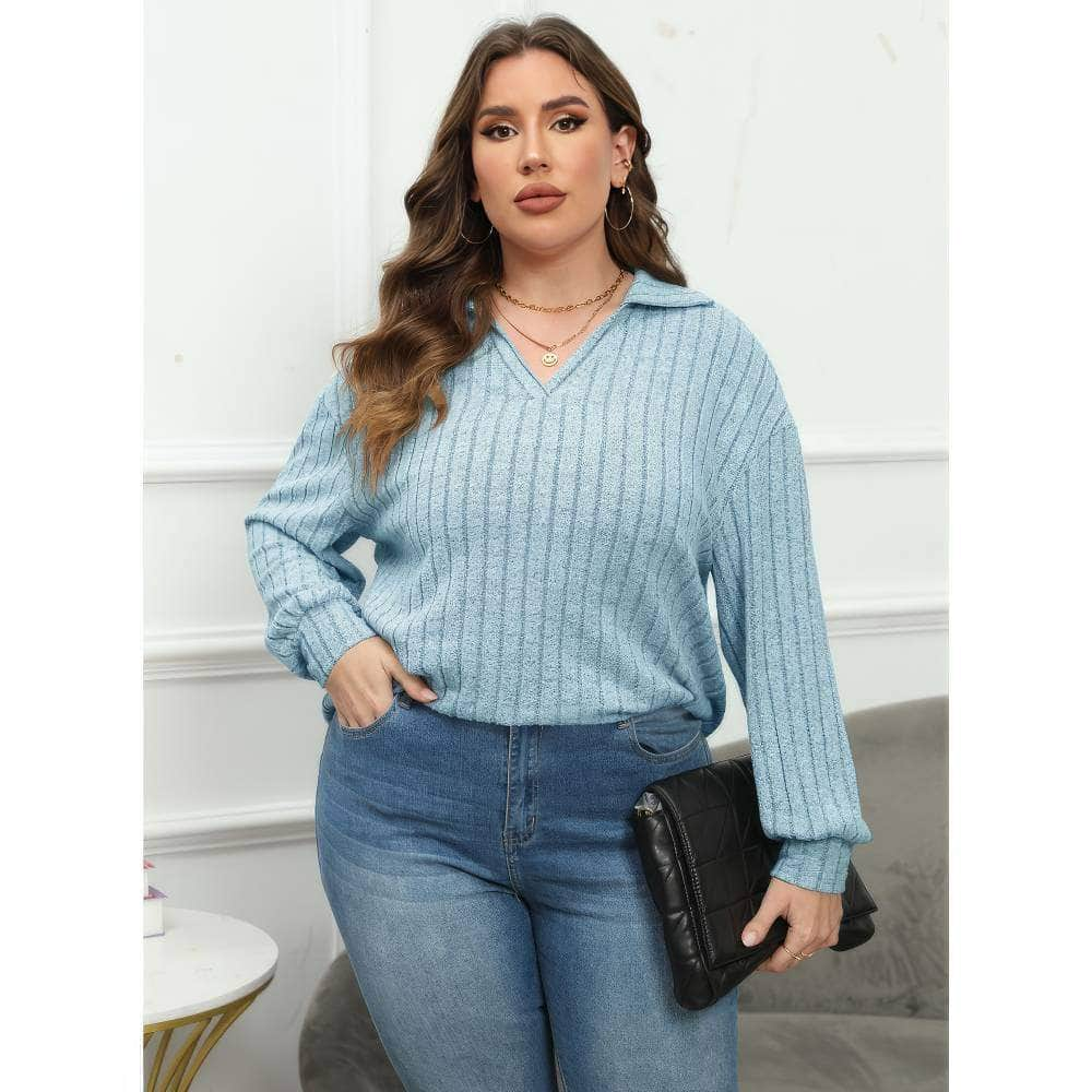 Plus Size Ribbed Knit Collared Long Sleeves Shirt US 16-18 / LightBlue