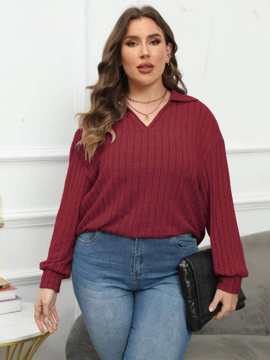 Plus Size Ribbed Knit Collared Long Sleeves Shirt US 16-18 / Maroon