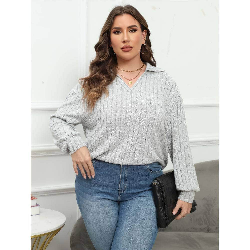 Plus Size Ribbed Knit Collared Long Sleeves Shirt US 16-18 / White