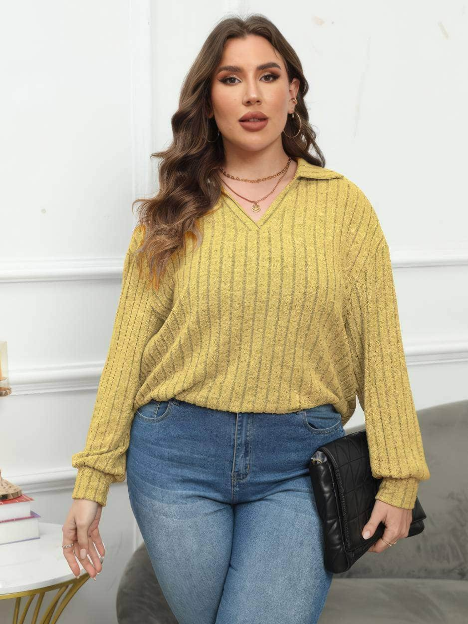 Plus Size Ribbed Knit Collared Long Sleeves Shirt US 16-18 / Yellow