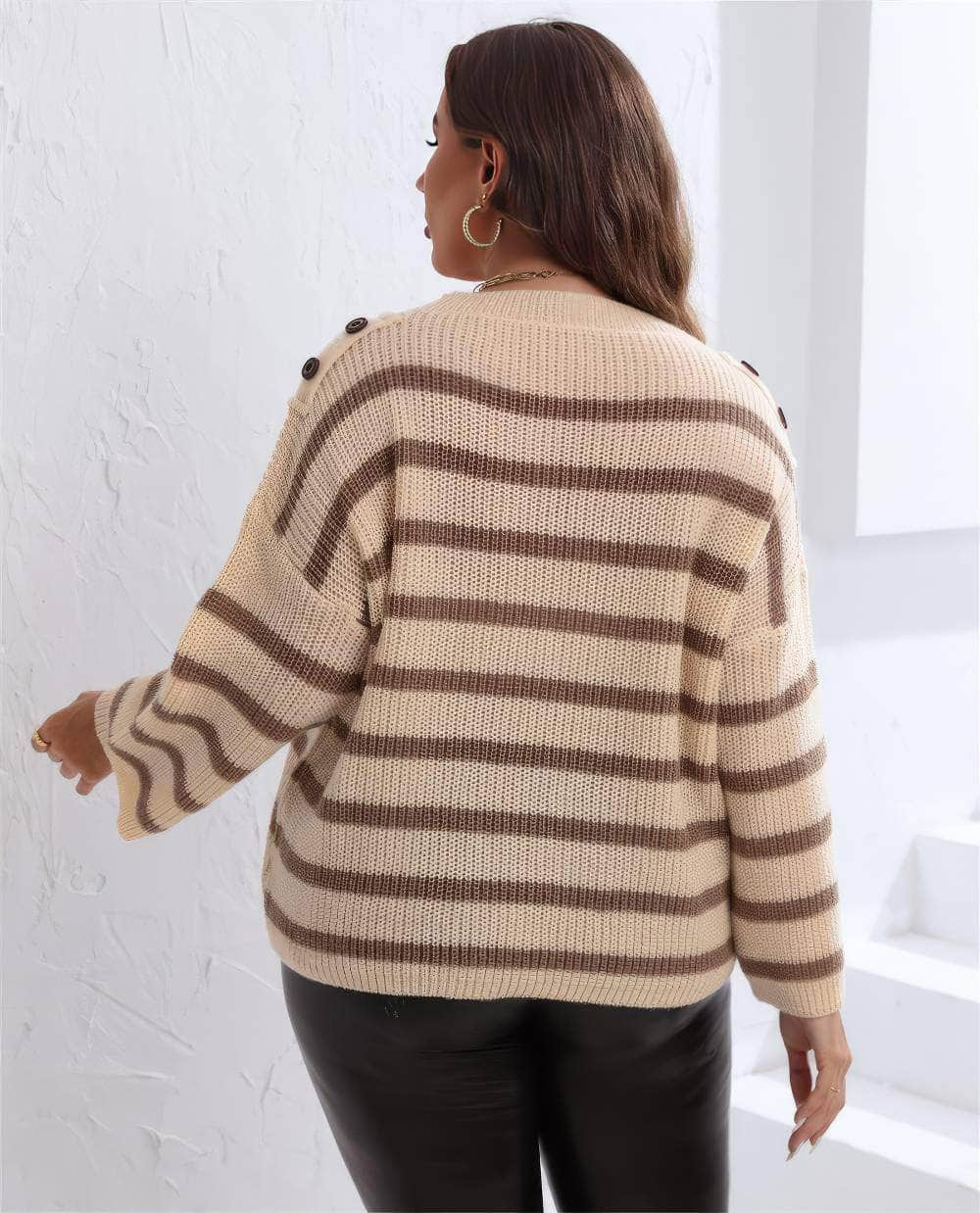 Plus Size Ribbed Knitted Striped Sweater Top