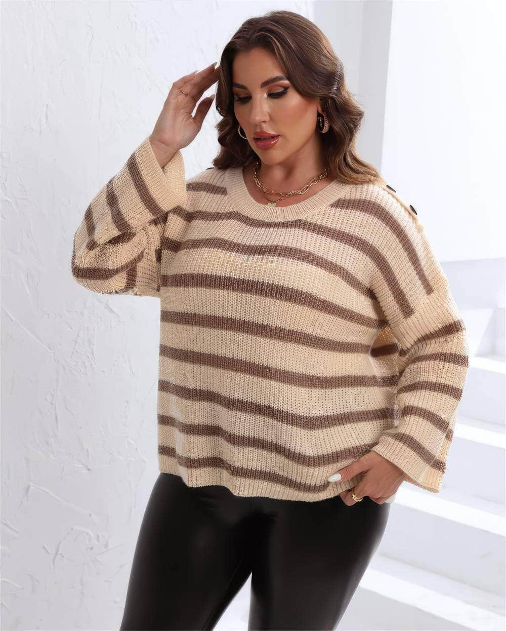 Plus Size Ribbed Knitted Striped Sweater Top