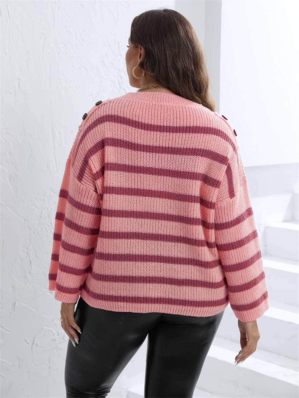 Plus Size Ribbed Knitted Striped Sweater Top