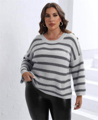 Plus Size Ribbed Knitted Striped Sweater Top US 16-18 / Gray