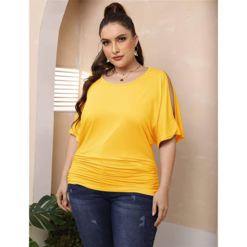 Plus Size Round Neck Cut Out Sleeves Ruched Top