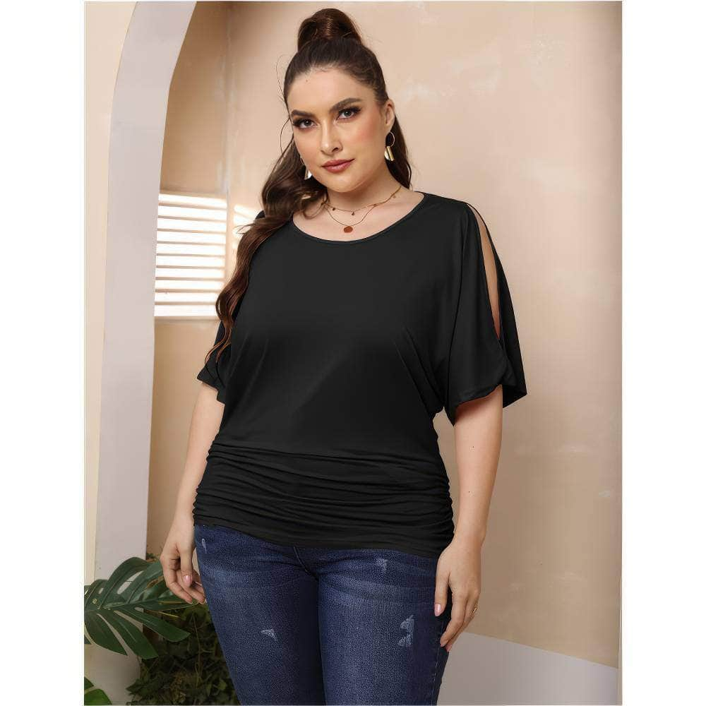 Plus Size Round Neck Cut Out Sleeves Ruched Top