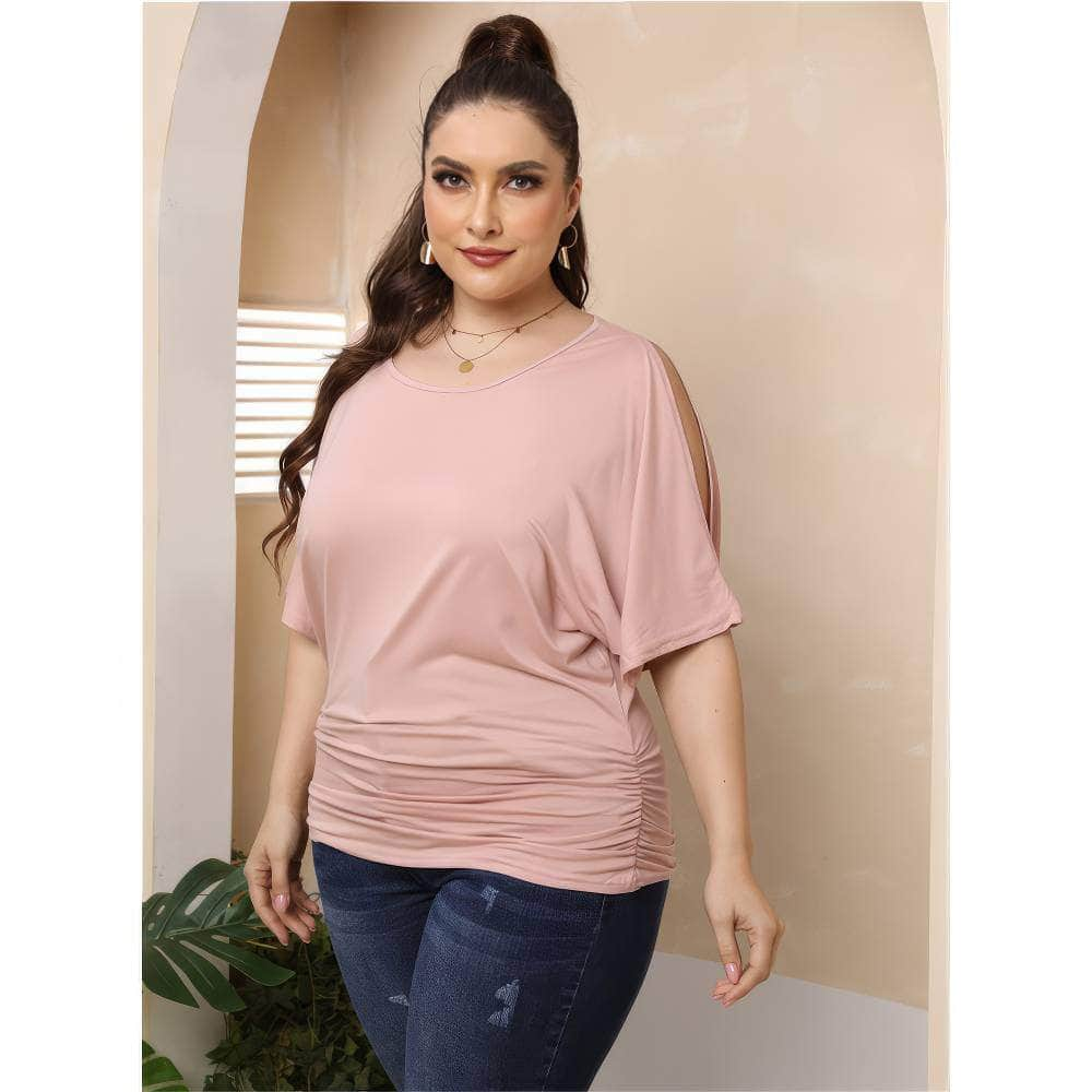 Plus Size Round Neck Cut Out Sleeves Ruched Top