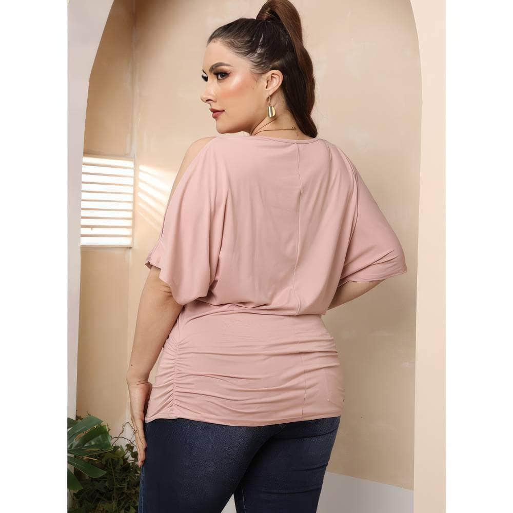 Plus Size Round Neck Cut Out Sleeves Ruched Top