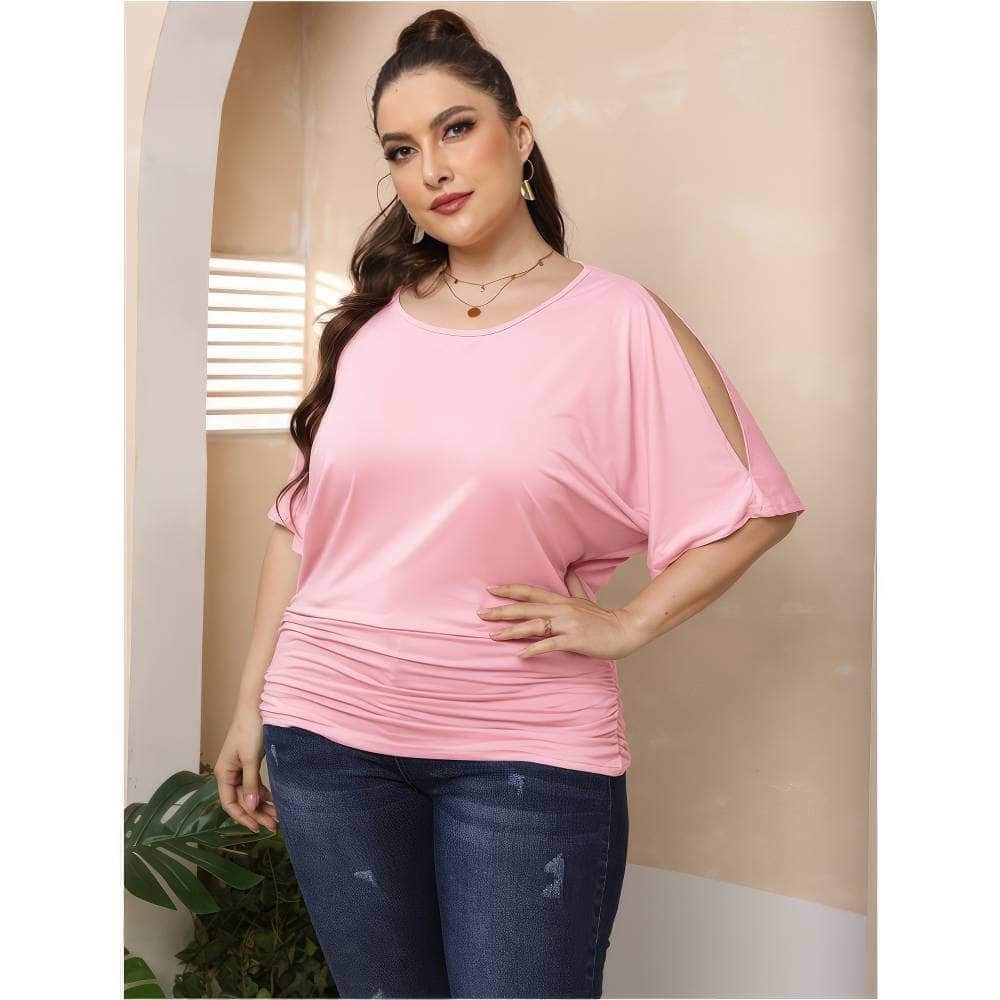 Plus Size Round Neck Cut Out Sleeves Ruched Top