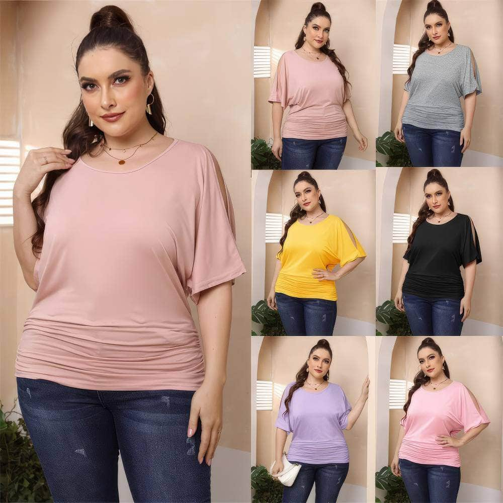 Plus Size Round Neck Cut Out Sleeves Ruched Top