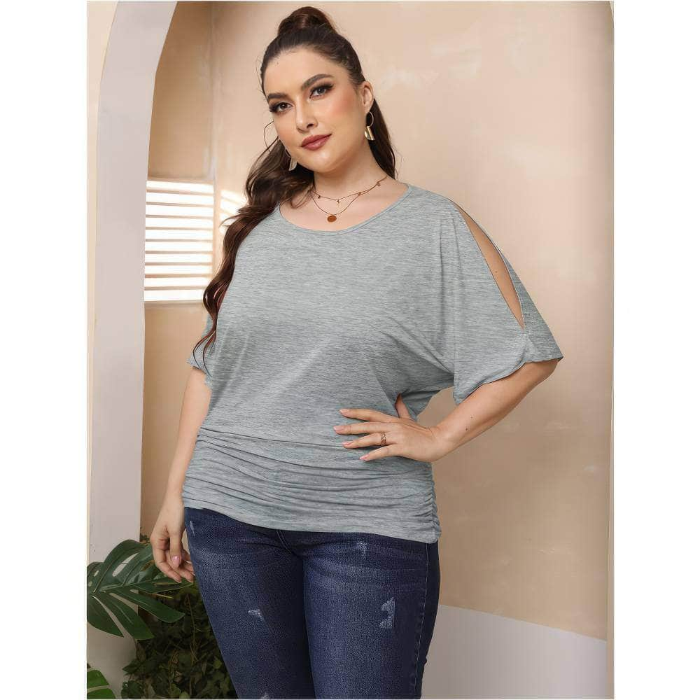 Plus Size Round Neck Cut Out Sleeves Ruched Top